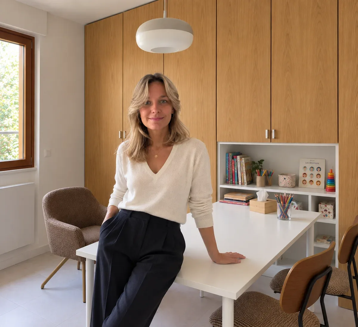 Marion Bazin auprès du bureau dans le cabinet