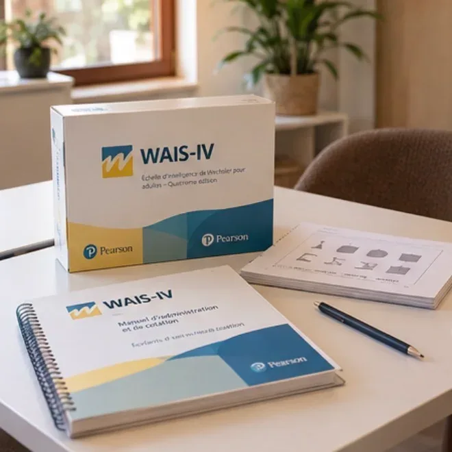 Coffret et manuel WAIS posés sur un bureau